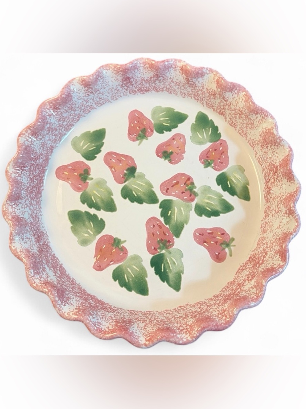 Vintage Signed Hand Painted Spongeware Strawberry Farmhouse Pottery Pie Dish